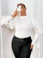SHEIN Privé Plus Size Solid Color Ruffle Trim Splice Stand Collar Bodysuit