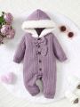 Baby Girls' Long Sleeve Cable Knit Jumpsuit With Woolen Collar