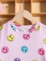 SHEIN Tween Girls' Smiling Face Printed Round Neck Short Sleeve T-Shirt And Shorts Pajama Set