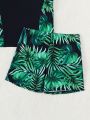 Teen Boys' Letter And Tropical Printed Short Sleeve Top And Shorts Swimwear Set