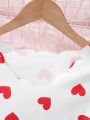 SHEIN Kids Y2Kool Teen Girls' Sporty Sweetheart Pattern Knitted White Base V-Neck Long Sleeve Dress