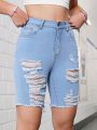 SHEIN Teen Girls' Y2K Trendy Ripped And Distressed High Waisted Stylish Skinny Denim Shorts,Perfect For Spring And Summer Outfits
