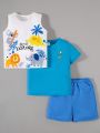 SHEIN Kids QTFun 3pcs/Set Toddler Boys' Cute Cartoon Animal Pattern Vest, Short Sleeve Top, Shorts Set
