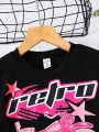Teen Girls' Letter & Motorcycle Print Short Sleeve T-Shirt