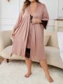 Plus Contrast Lace Belted Robe & Cami Nightdress