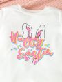 SHEIN Kids QTFun Easter Young Girls' Cute Rabbit Ear Print Top And Flare Pants Set For Summer