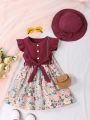 SHEIN Kids SUNSHNE Young Girl Floral Print Ruffle Trim Belted Dress With Hat