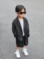 SHEIN Kids KDOMO 2pcs/set Toddler Boys' Casual Loose Striped Blazer Jacket And Shorts