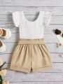 SHEIN Kids EVRYDAY Young Girls' Casual Two-Tone Ruffled Romper