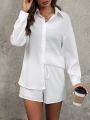 SHEIN LUNE Women's Solid Color Casual Shirt And Shorts Set