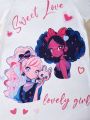 SHEIN Kids KDOMO Tween Girls' Casual Comfortable Cute Letter & Cartoon Character Printed Dress With Waistbelt