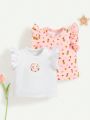 SHEIN Newborn Baby Girls' Ruffle Flutter Sleeve Round Neck Top 2pcs/Set