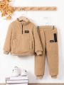 SHEIN Kids EVRYDAY Young Boy Letter Patched Teddy Sweatshirt & Pants
