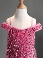 Young Girl's Glitter Mesh Splice Cami Dress Suitable For Performance, Wedding, Evening Party, Birthday Party