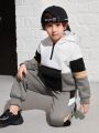 SHEIN Kids EVRYDAY Toddler Boys' Casual Hooded Sweatshirt And Pants Set With Color Block Design