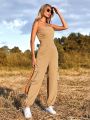 SHEIN LUNE Women's Solid Color Strapless Jumpsuit With Cargo Design