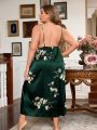 Plus Size Women's Long Flower Pattern Lace Contrast Color Design Silk-Like Nightgown Dress