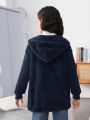 SHEIN Girls' Knitted Solid Colored Hoodie With Large Patch Pockets, Loosely Fitted Casual Jacket