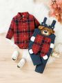 2pcs/Set Baby Boys' Cute Plaid Shirt And Cartoon Dog Embroidery Overalls Set, Autumn And Winter