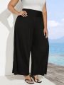 SHEIN CURVE+ Plus Size Loose Knit Elasticity Holiday Pants, Solid Black High Waist Wide Leg Trousers