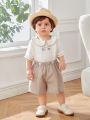 SHEIN Baby Boy's Doll Collar Car Pattern Sweatshirt And Casual Shorts 2pcs/Set