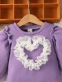 Baby Girl Heart Patched Contrast Lace Ruffle Trim Sweatshirt
