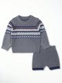 Baby Boy Geometric Pattern Long Sleeve Sweater And Knitted Shorts Set