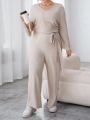 SHEIN Essnce Women'S Plus Size Ribbed Jumpsuit With Belted Waist