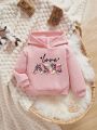 Baby Girls' Casual Cartoon Letter Printed Long Sleeve Hooded Sweatshirt, Suitable For Autumn And Winter