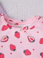 SHEIN Kids EVRYDAY Girls' Knitted Strawberry Pattern Round Neck Pleated Dress And Solid Color Round Neck Pleated Dress 2pcs/set