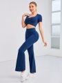 SHEIN Daily&Casual Women's Solid Color Bodycon Top & Flared Pants Sportswear Set
