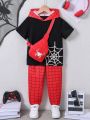 SHEIN 2pcs/set Toddler Boys' Cute Sporty Hooded Short Sleeve T-shirt, Long Pants And Bag Outfits For Spring And Summer