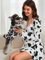 PETSIN 1pc Black And White Cow Pattern Pet Bubble Sleeve Dress, Princess Dress For Cats And Dogs