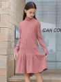 SHEIN Kids KDOMO Girls' Loose Fit Casual High Neck Ruffle Hem Sweater Dress