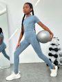 SHEIN Tween Girls' Seamless Knit Jacquard T-Shirt And Leggings Sports Set