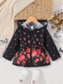Fashionable Hooded Floral Pattern Positioning Printed Zipper Jacket For Babies And Girls