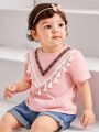 SHEIN Baby Girls' Casual Holiday Fringe And Woven Ribbon Short Sleeve Top