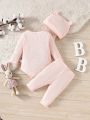 SHEIN Baby Girl Adorable Pink Waffle Pattern Printed Long Sleeve Jumpsuit With Pants And 3d Ear Hooded Hat For Home Wear