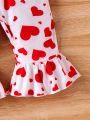 Baby Girls' Heart Pattern Printed Romper With Large Bow Decoration