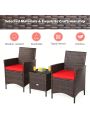 Gymax 3PCS Outdoor Rattan Conversation Set Patio Furniture Set w/ Red Cushions