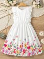SHEIN Kids EVRYDAY Buttterfly And Floral Print White Romantic Ruffle Dress