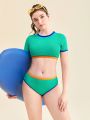 Teen Girl's Short-Sleeved One-Piece Swimsuit With Round Collar And Edging