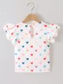 SHEIN Kids Nujoom Toddler Girls' Casual Round Neck Double Layered Flutter Sleeve Colorful Heart Print Blouse For Summer