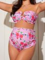 SHEIN Maternity Flower Printed Bandeau Swimsuit With Ruffle Decoration