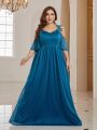 SHEIN Belle Lace Cutout Embroidery Hem Splicing Round Collar Plus Size Lady's Bridesmaid Dress With Big Hem