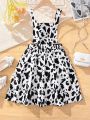 SHEIN Kids SUNSHNE Tween Girls' 1pc Cute And Casual Cow Print Overall Dress, Black And White
