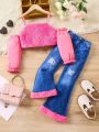 Toddler Girls' Cut-out Front Bell Sleeve Top And Denim Two-piece Outfit Set
