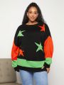 SHEIN CURVE+ Plus Size Women'S Loose Fit Casual Sweater With Contrast Color Star Pattern