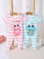 SHEIN Cute Striped And Digital Printed Short Sleeve Jumpsuit With Footies And Frog Shaped Collar For Baby Girls' Home Wear, 2pcs/Set In Multiple Colors