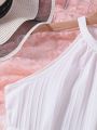 SHEIN Kids HYPEME Tween Girls' Elegant Halter Neck Sleeveless Dress With Lace Hem And Waist Belt